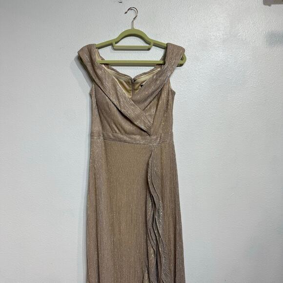 Aqua Gold Ruffled Cap Sleeve Off Shoulder Metallic Maxi Gown Sz 4 NWT - Picture 3 of 14